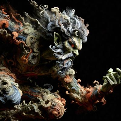 The primary subject of the image is a fantastical creature, possibly a demon or a mythical being, with long hair and a beard. The creature is holding a green object in its hand. The setting is a dark background, which adds to the mysterious and eerie atmosphere of the scene. The visual style of the image is a combination of digital art and illustration, creating a unique and intriguing appearance. The dominant colors in the image are dark shades, with the creature's hair and beard being the most